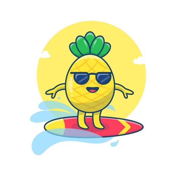 Mignon Ananas Surf Dessin Animé Vecteur Mascotte Illustration Personnage Été — Image vectorielle