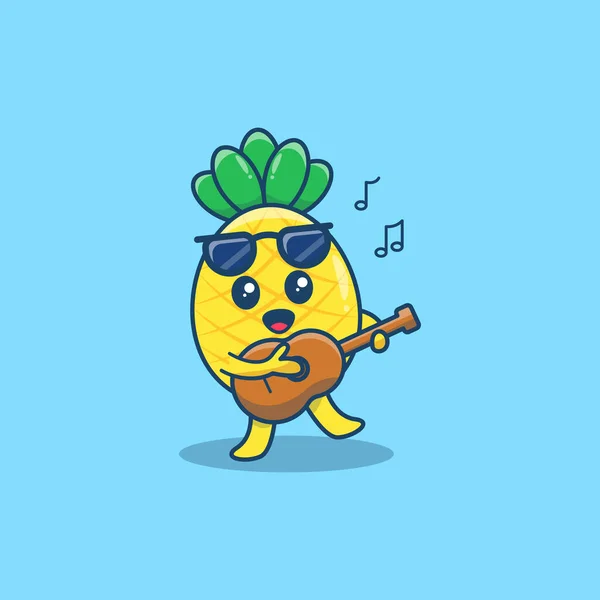 Mignon Personnage Ananas Jouant Guitare Chantant Ilustration Vectorielle — Image vectorielle