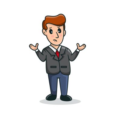 Business Man çizgi film karakteri kafası karışmış ve poz veriyor.