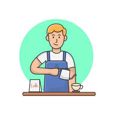 Barista Caffe, önlük giyen genç adam kahve bardağına krem şanti döküyor, kahve makinesi, elementler.