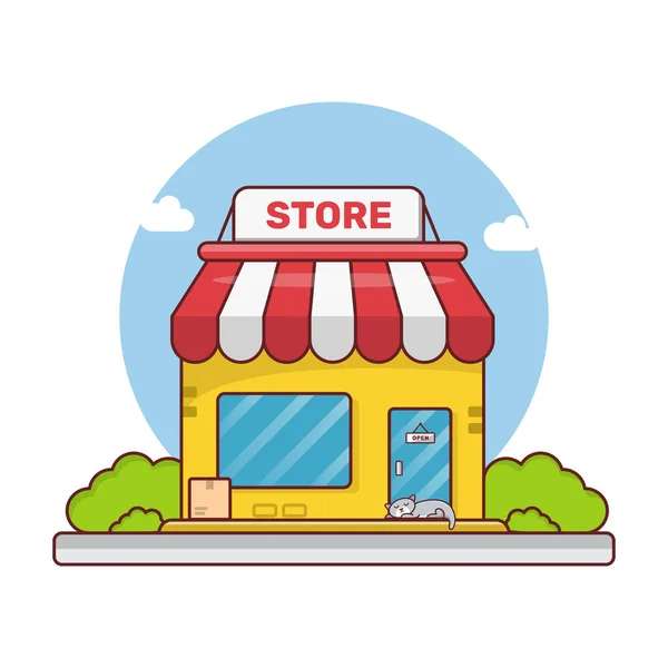 Tienda Edificio Con Gato Dormido Dibujo Animado Diseño Plano Ilustración — Vector de stock