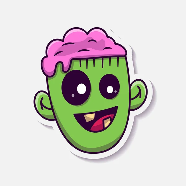Söt Zombie Head Sticker Med Hjärnan Ute Halloween Vektor Illustration — Stock vektor