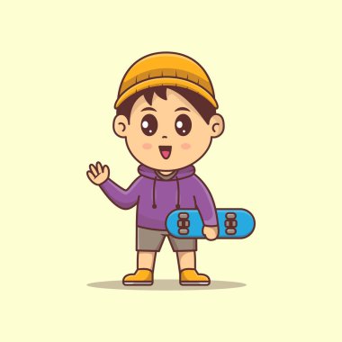 Şirin Çocuk Skatebord vektörü Kawaii illüstrasyon kaykayı
