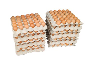 Beyaz arka planda izole edilmiş bir kutu taze kahverengi yumurta.