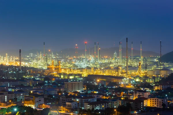 Close up, Oil refinery lights aerial view mountain — Stock Photo, Image