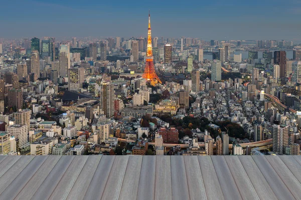 Öppna trägolv, Flygfoto Tokyo city downtown — Stockfoto