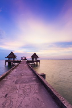 Alacakaranlık gökyüzü arka plan ile denize giden yolu yürüyüş