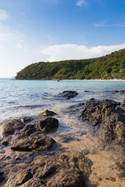 Dağ arka plan ile sahilde Rock