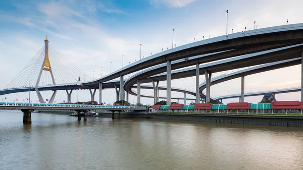 Highway interchanged connect to suspension bridge — Stock Photo, Image