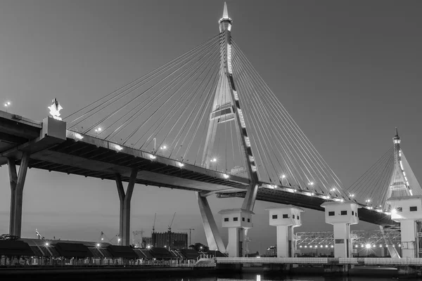 Blanco y negro, la intersección de la autopista se conecta al puente colgante — Foto de Stock