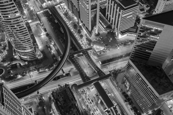 Black and White, Aerial building business downtown train station in Bangkok with intersection cross road background