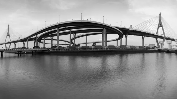 Black and White, Panorama Twin suspension bridge — Stock Photo, Image