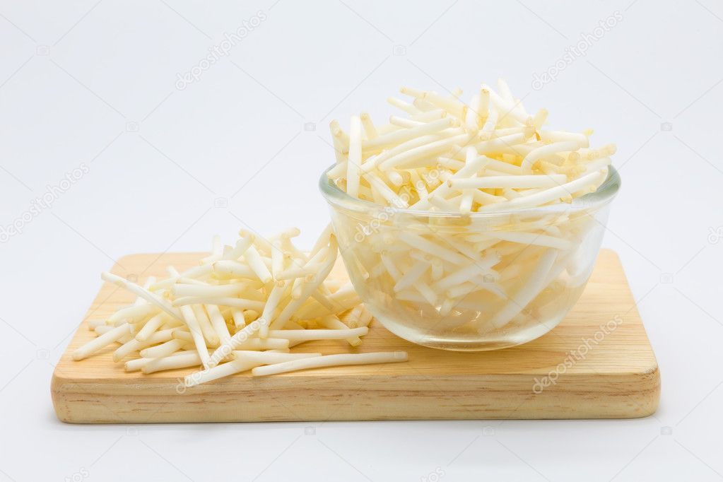 Bean Sprouts on wooden board on White