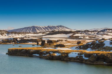Valcano Dağı ve lake Myvatn kış peyzaj