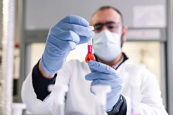 Technik laboratoryjny trzyma szklaną fiolkę z czerwonym płynem do analizy. — Zdjęcie stockowe