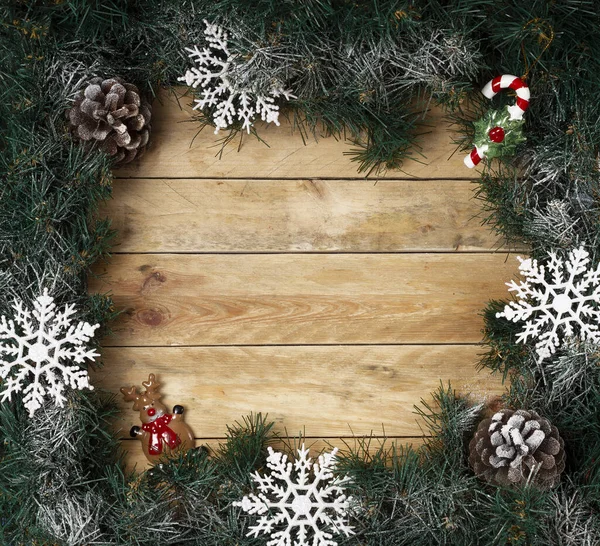 Christmas background with christmas tree and decorations, beige background, from wooden boards, horizontal — Stock Photo, Image