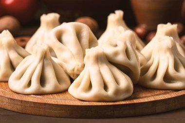 Makro Geleneksel Gürcü yemeği Khinkali Kalakuri, kırsal, üst tabaka, insan yok. Yüksek kalite fotoğraf