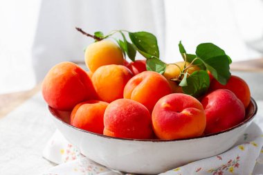 Kasede taze kayısılar, parlak bir masada, doğal ışık, üst manzara, insan yok.,