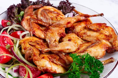 Fırında bıldırcın, çıtır marul yapraklarıyla servis edilmiş, taze domates ve otlar, beyaz bir tabakta, ev yapımı.,