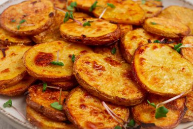 Patates dilimleri, parmesan peyniri ve baharatla fırında kızartılmış, ev yapımı, insan yok.,