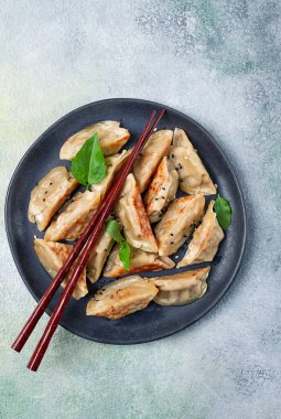 Japon usulü kızarmış hamur köftesi, gyoza, susam tohumu, üst manzara, insan yok.,