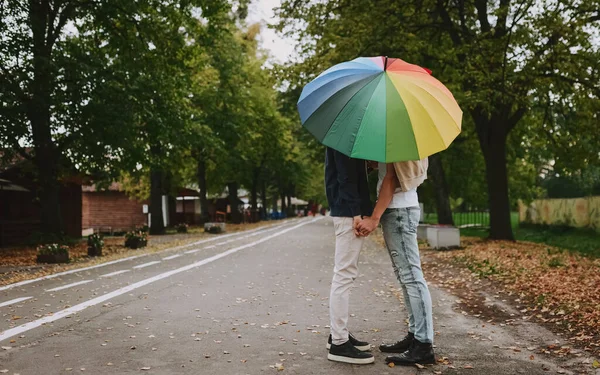Eşcinsel çift şemsiyenin altında el ele tutuşuyorlar. Parkta iki erkek aşık. LGBT topluluğunun sembolü gibi renkli bir şemsiye. Eşit haklar
