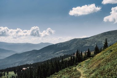 Dağın yüksek zirvesinde dar bir yol. Vadinin kırsalında