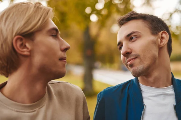 爱外面的同性恋夫妇 两个帅哥在公园里谈恋爱Lgbt概念 — 图库照片