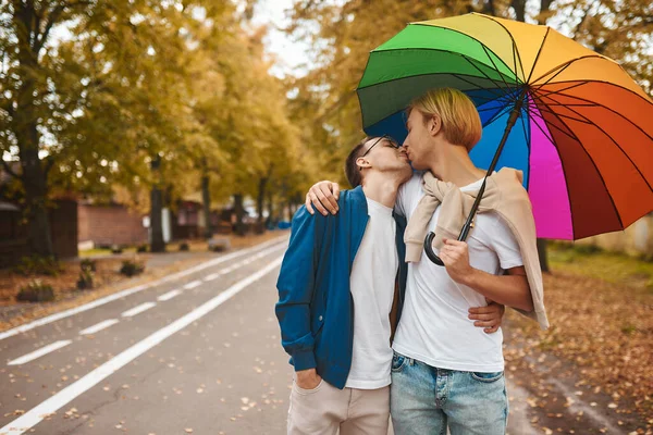 Loving Gay Couple Walking Outdoors Rainbow Umbrella Two Handsome Men — Foto de Stock