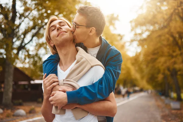 Loving Gay Couple Walking Outdoors Two Handsome Men Having Romantic — Foto de Stock