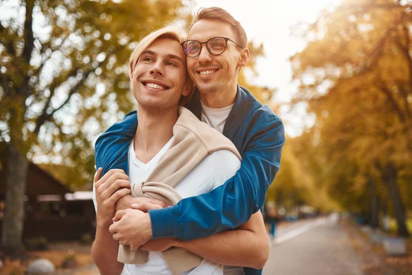 Loving Gay Couple Walking Outdoors Two Handsome Men Having Romantic — Foto de Stock