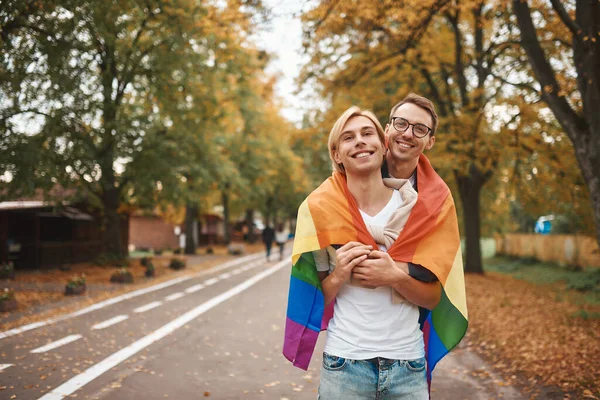 Romantic Gay Couple Hugging Kissing Holding Hands Outdoors Two Handsome —  Fotos de Stock