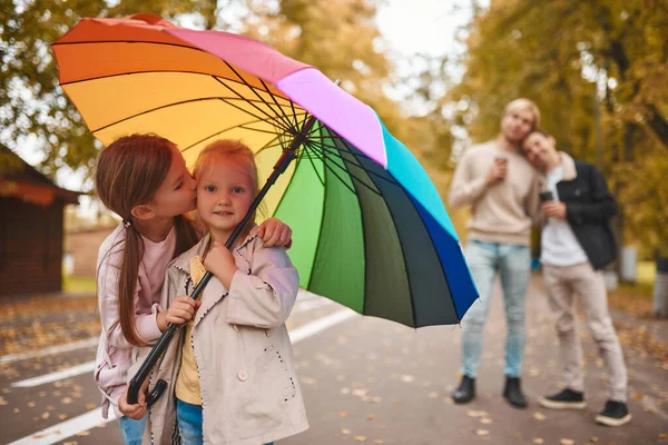 Two Gay Parents Adopted Daughters Walking Park Together Two Cute — Fotografia de Stock