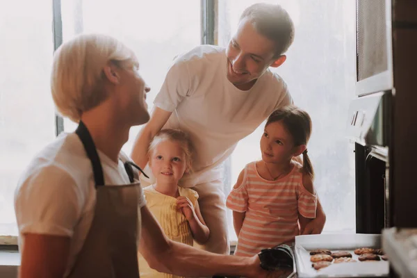 Gay Couple Adopted Cute Daughters Cooking Kitchen Lgbt Family Home — Stock Photo, Image
