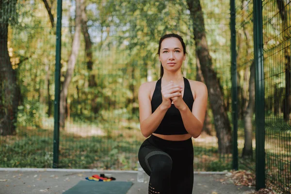 Young Woman Black Sportswear Stretching Doing Sport Park Attractive Fit — Stock Photo, Image