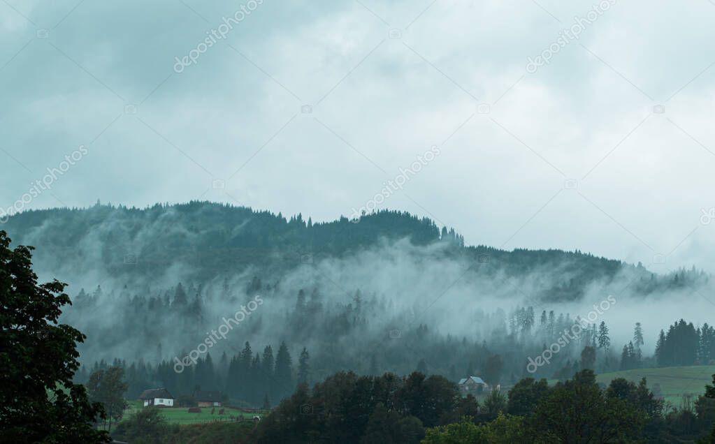 Fog in the mountains, wooded mountain peaks. Ukrainian mountain village