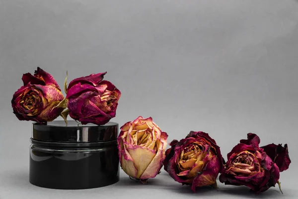 Gedroogde rozen op een zwarte pot op een grijze achtergrond. Cosmetica met een roos — Stockfoto