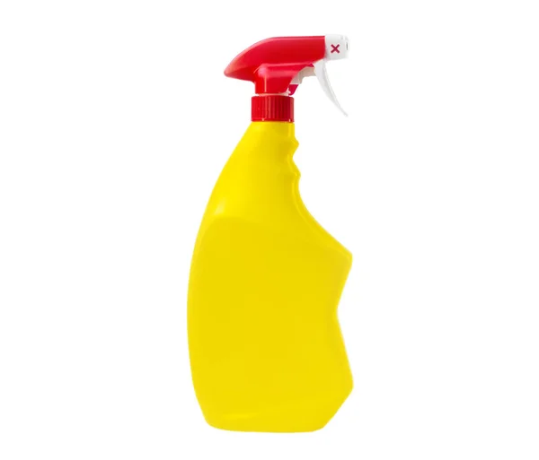 Yellow empty plastic bottle with red spray bottle isolated on white background. Packaging mockup — Stock Photo, Image