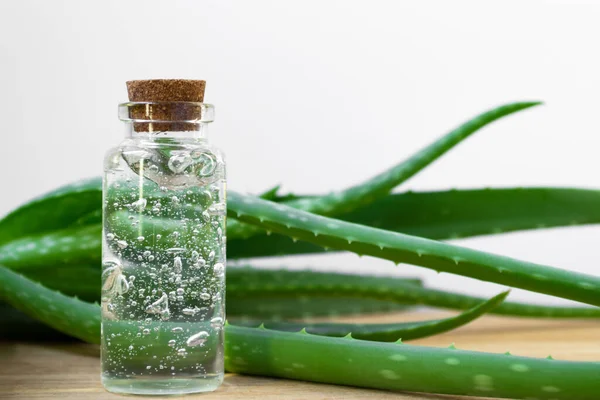 Glasflaska aloe vera gel med växt blad på trä bakgrund Stockbild