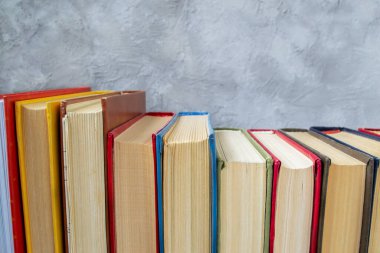Gri ve mavi beton duvara karşı ahşap masadaki çok renkli ciltli kitaplar.