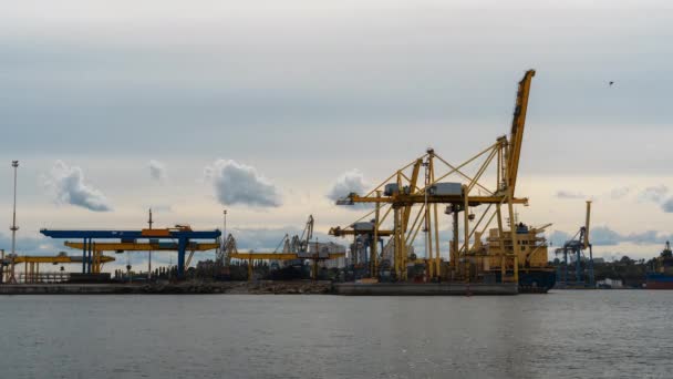 Imágenes de Time Lapse. Puerto marítimo, nubes, grúas están trabajando en el puerto marítimo. — Vídeos de Stock