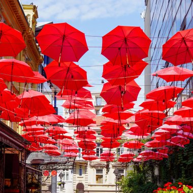Birçok açık kırmızı şemsiyeler caddeye asılır. Cadde kırmızı şemsiyelerle süslenmiş..