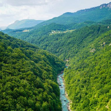 Dağ nehrinde rafting. Rafting dağ akıntısı boyunca. Ekstrem sporlar. Dağ Kanyonu.