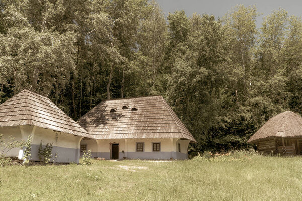 Old, medieval, traditional Ukrainian rural houses on a hill in the forest. Old photo.