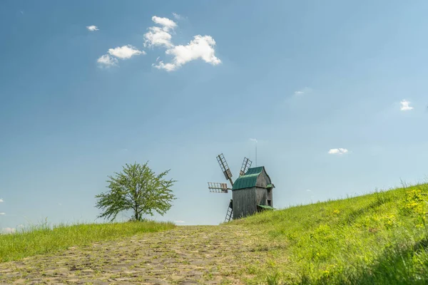 緑の牧草地、フィールド上の古い木造風車。風の中で孤独な緑の木。白い雲と青い空. — ストック写真