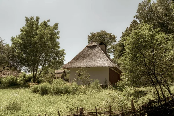 Antigua, medieval, tradicional casa rural ucraniana con seto de mimbre y jardín con flores. —  Fotos de Stock