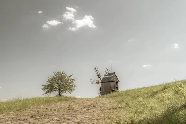 Antiguo molino de viento en un prado verde, campo. Árbol verde solitario en el viento. Cielo azul con nubes blancas. Foto vieja. — Foto de Stock