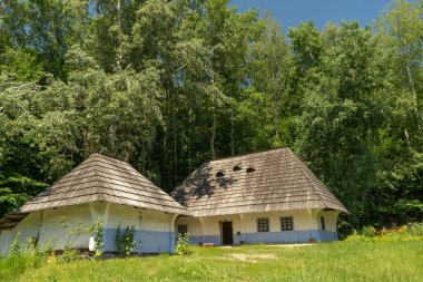 Ortaçağ, Ukrayna 'nın ormandaki bir tepedeki geleneksel kır evleri..