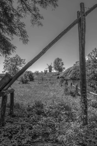 Velho Moinho Vento Medieval Casas Rurais Tradicionais Ucranianas Prado Verde — Fotografia de Stock