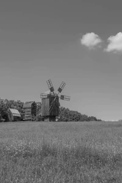 緑の牧草地、フィールド上の古い木造風車。白い雲と青空。古い写真だ。白黒写真. — ストック写真